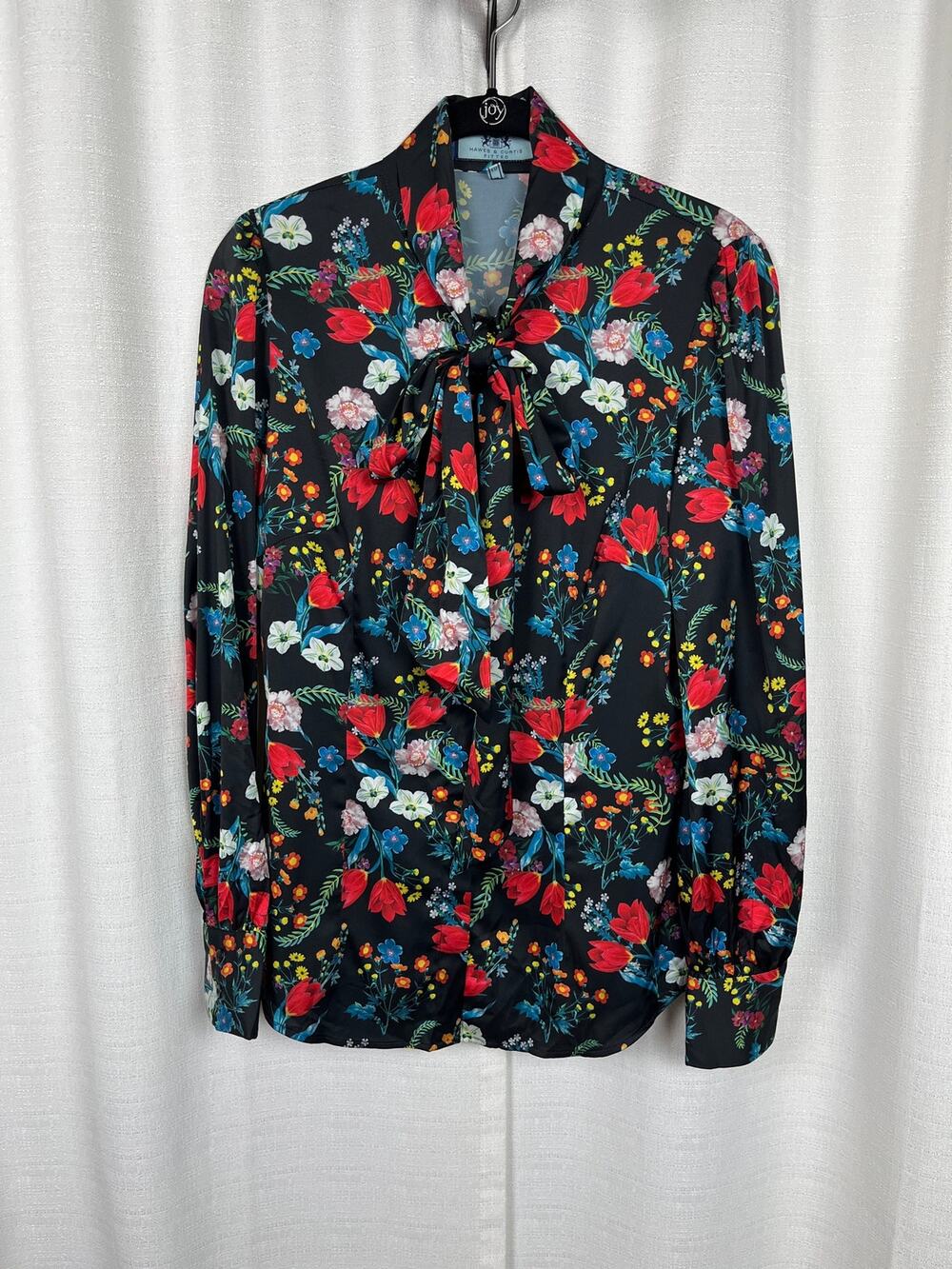 Hawes&Curtis Fitted Black Floral Satin Bow Tie Button Up Blouse Sz.UK10/US6